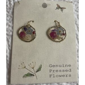 Genuine Pressed Flowers Handcrafted Earrings Gold Pink Round Dainty Floral New